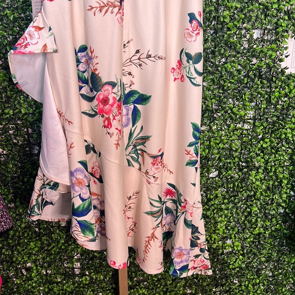 Cascade Floral Ruffle Asymmetrical Hem Sheath Dress In Ivory Multi size 2 - Picture 11 of 12